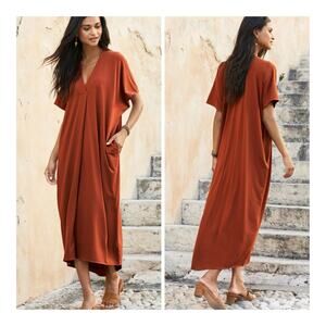 NWT Peruvian Connection Thebes Caftan Jersey Drape Relaxed V-Neck Maxi Dress M/L